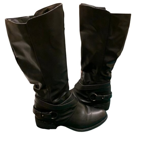 Sugar Dabble Knee High Wide Calf Faux Leather Black Boots Straps/Buckles. Size9M - Picture 2 of 6